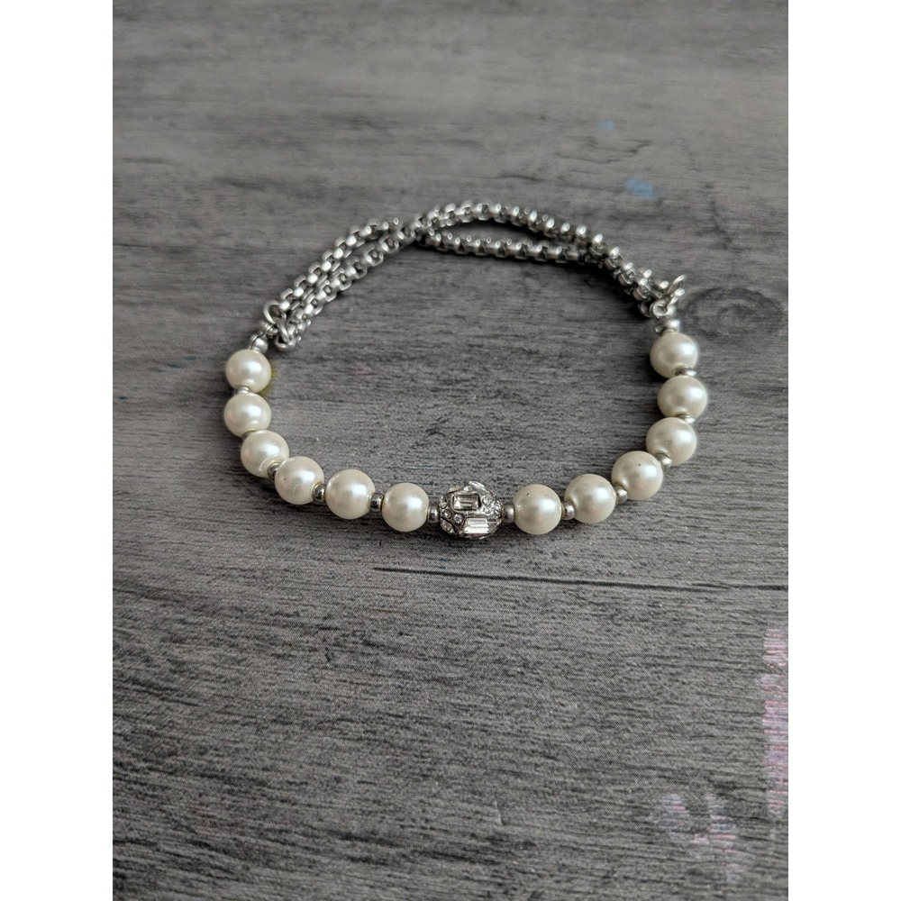 Silver Tone Faux Pearl Bracelet with Crystal Pave Bead Mixed Chain Accents